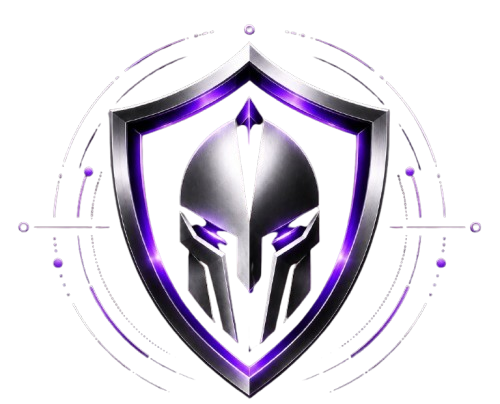 SpyraSOC Spartan helm shield emblem with glowing violet eyes